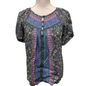 Lucky Brand Womens Top Printed Puff Sleeve Green Multicolor Paisley Floral Sz XS